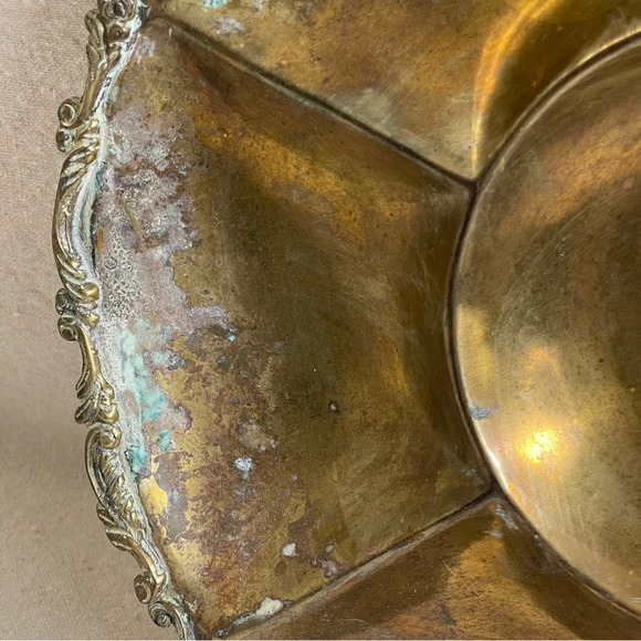 Vntg Brass Divided Tray Ornate Design Farmhouse Decor Mexico Handmade Patina - Picture 2 of 10